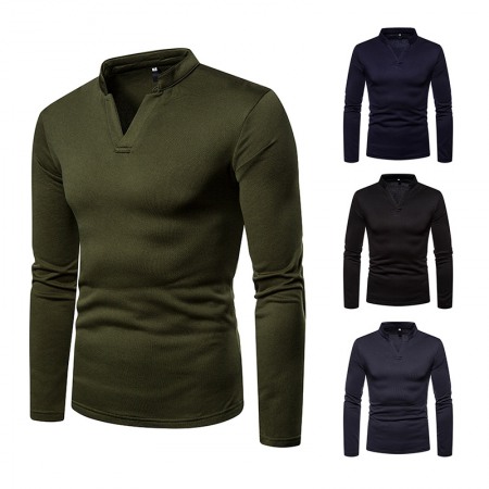 Men's Plus Size Plus Velvet Warm Henley Collar Long-Sleeved T-Shirt Bottoming Shirt